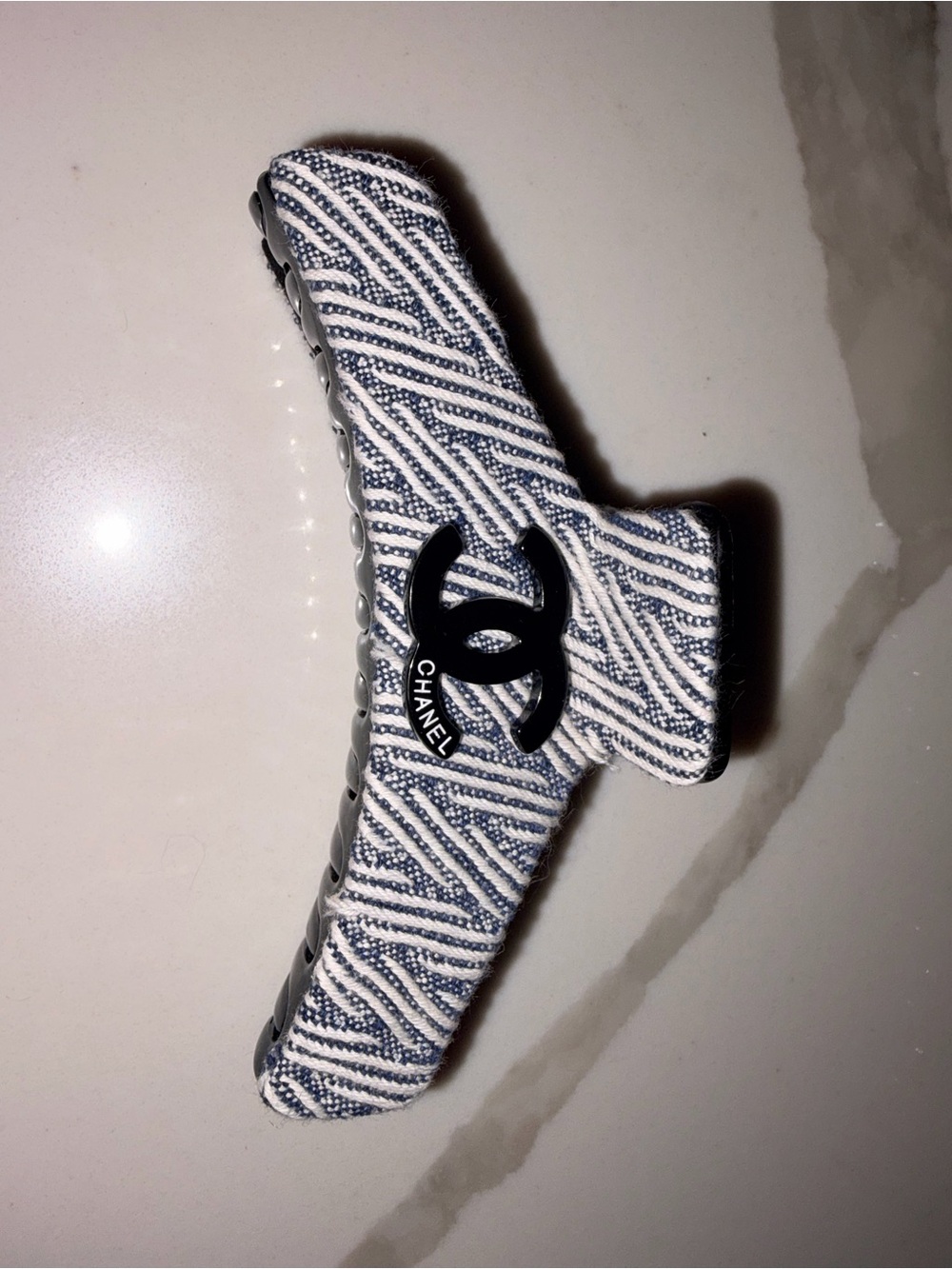 CHANEL Ivory & Navy Fabric Hair Claw with CC Accent